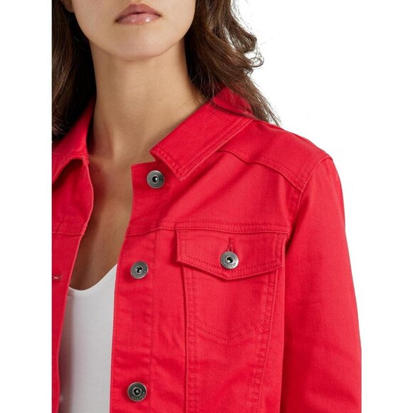 Women's Authentic Stretch Denim Jacket Long Sleeves Red Classic Jean Jacket - Picture 3 of 5